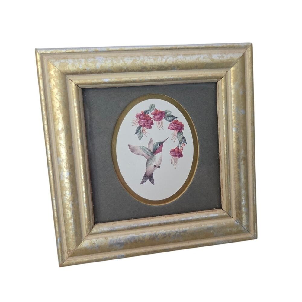 Vtg Hummingbird Original Painting Framed Gold Miniature Small Wall Art Flower